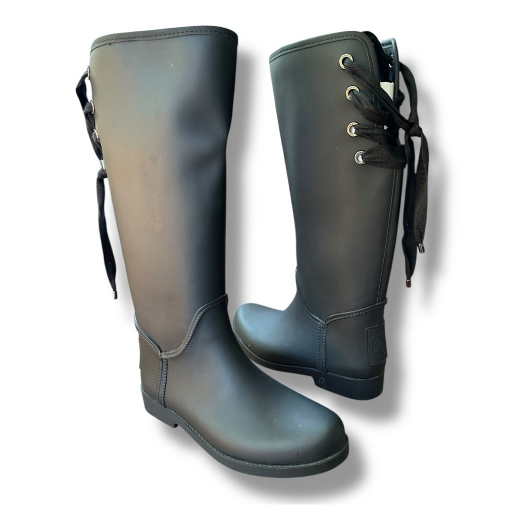Coach Tristee Matte Black Lace-Up Knee-High Rain Boots | Women’s Size 9 - Picture 4 of 14